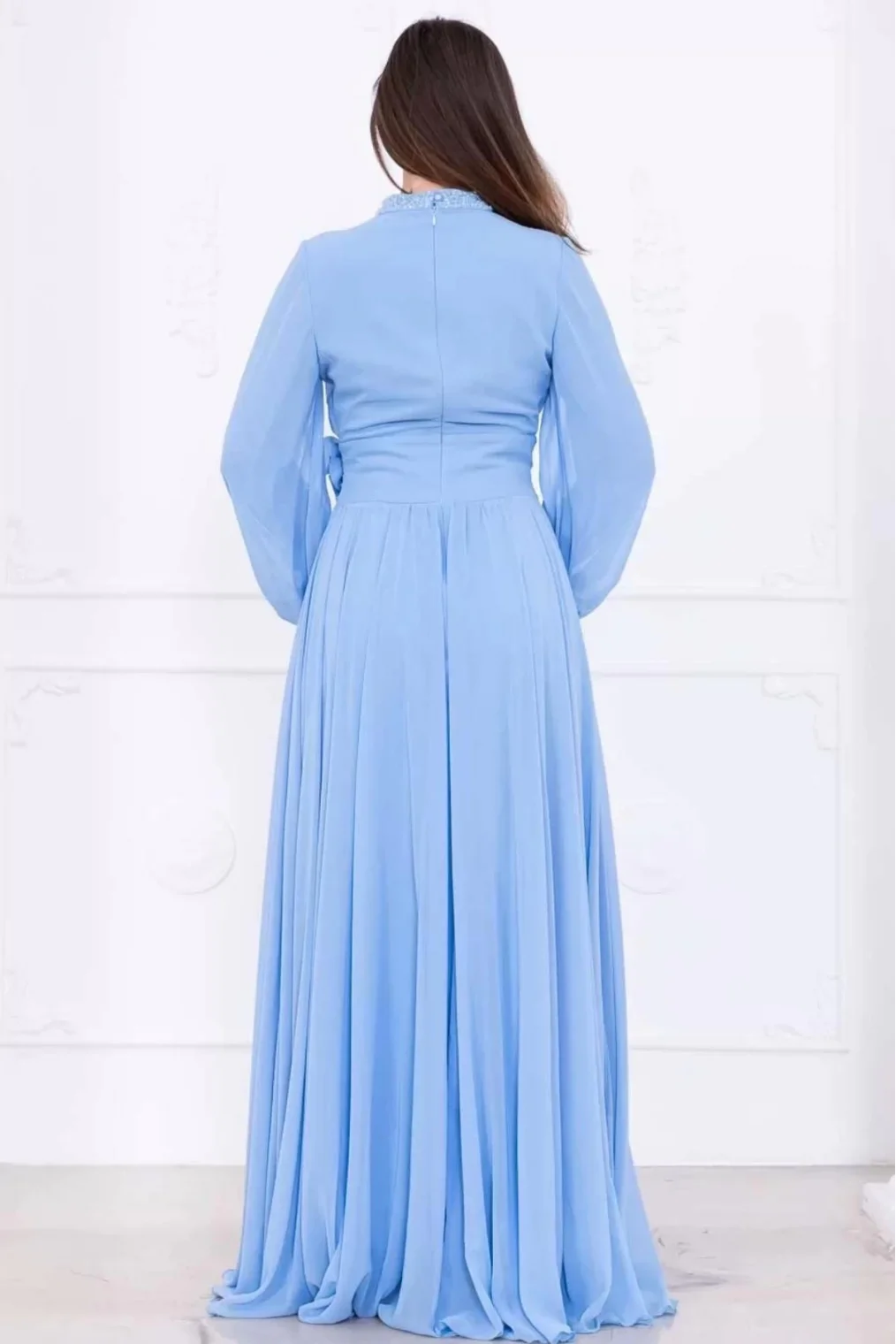 Yaka ve Çiçek Detaylı Abiye Elbise 2740-Bebe Mavisi