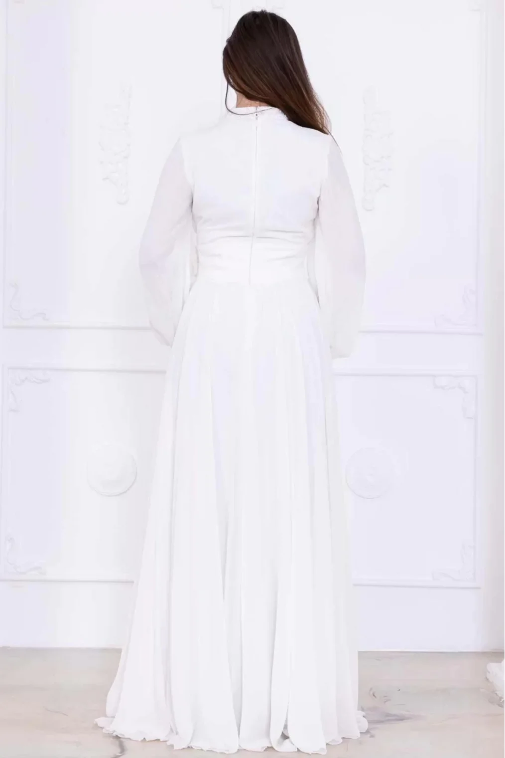 Yaka ve Çiçek Detaylı Abiye Elbise 2740-Beyaz