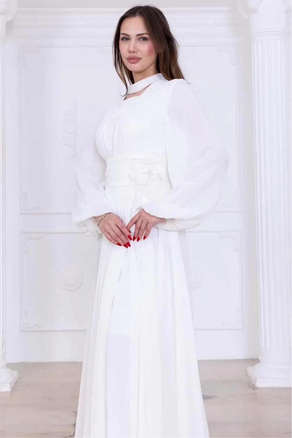 Yaka ve Çiçek Detaylı Abiye Elbise 2740-Beyaz