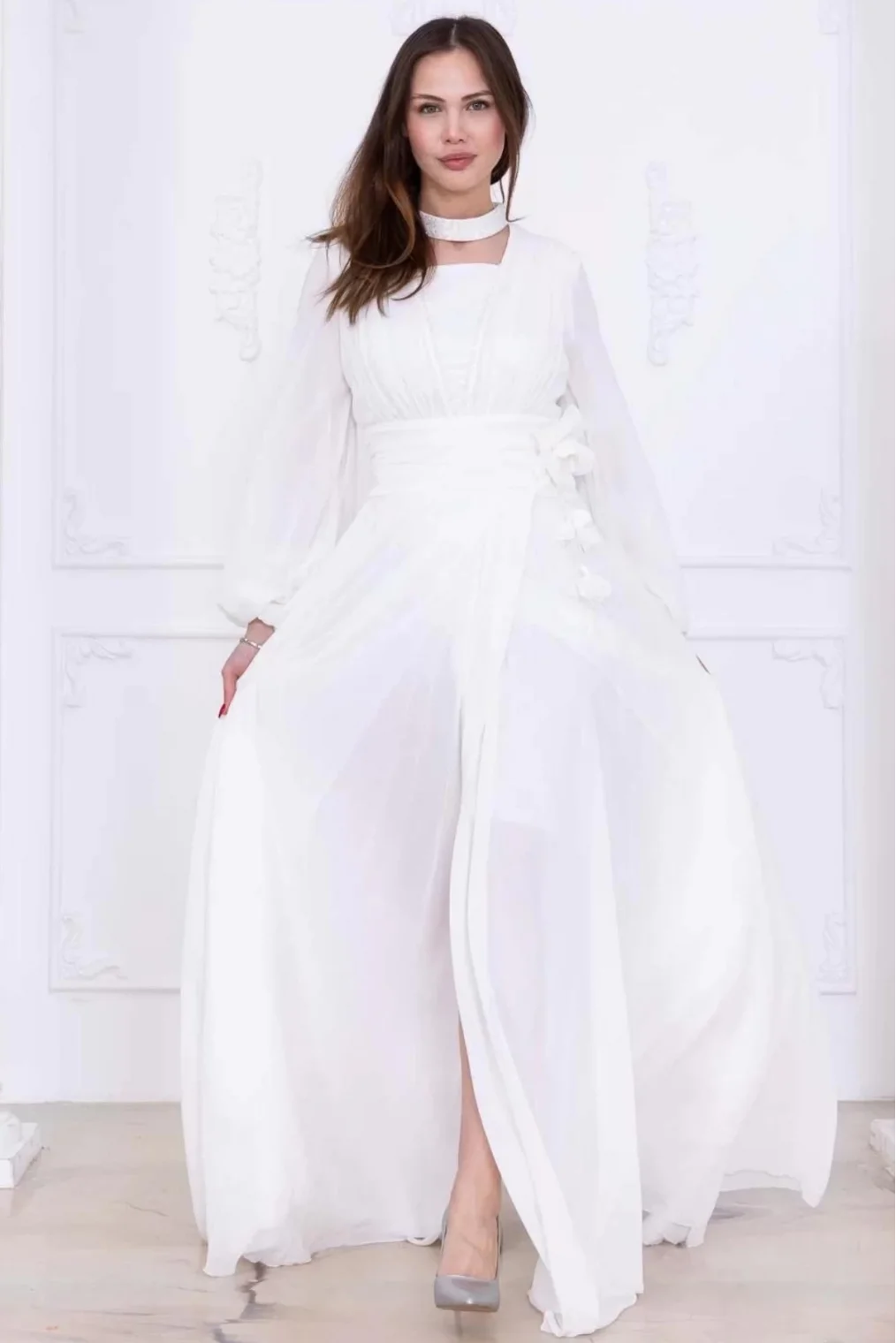 Yaka ve Çiçek Detaylı Abiye Elbise 2740-Beyaz