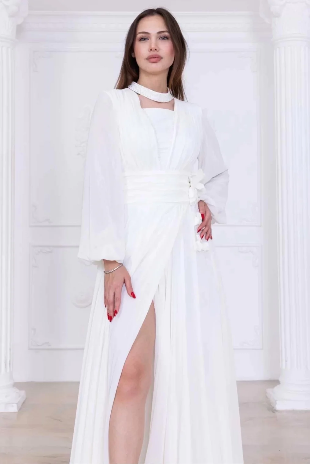 Yaka ve Çiçek Detaylı Abiye Elbise 2740-Beyaz