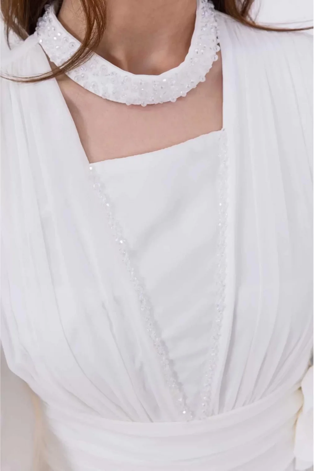 Yaka ve Çiçek Detaylı Abiye Elbise 2740-Beyaz