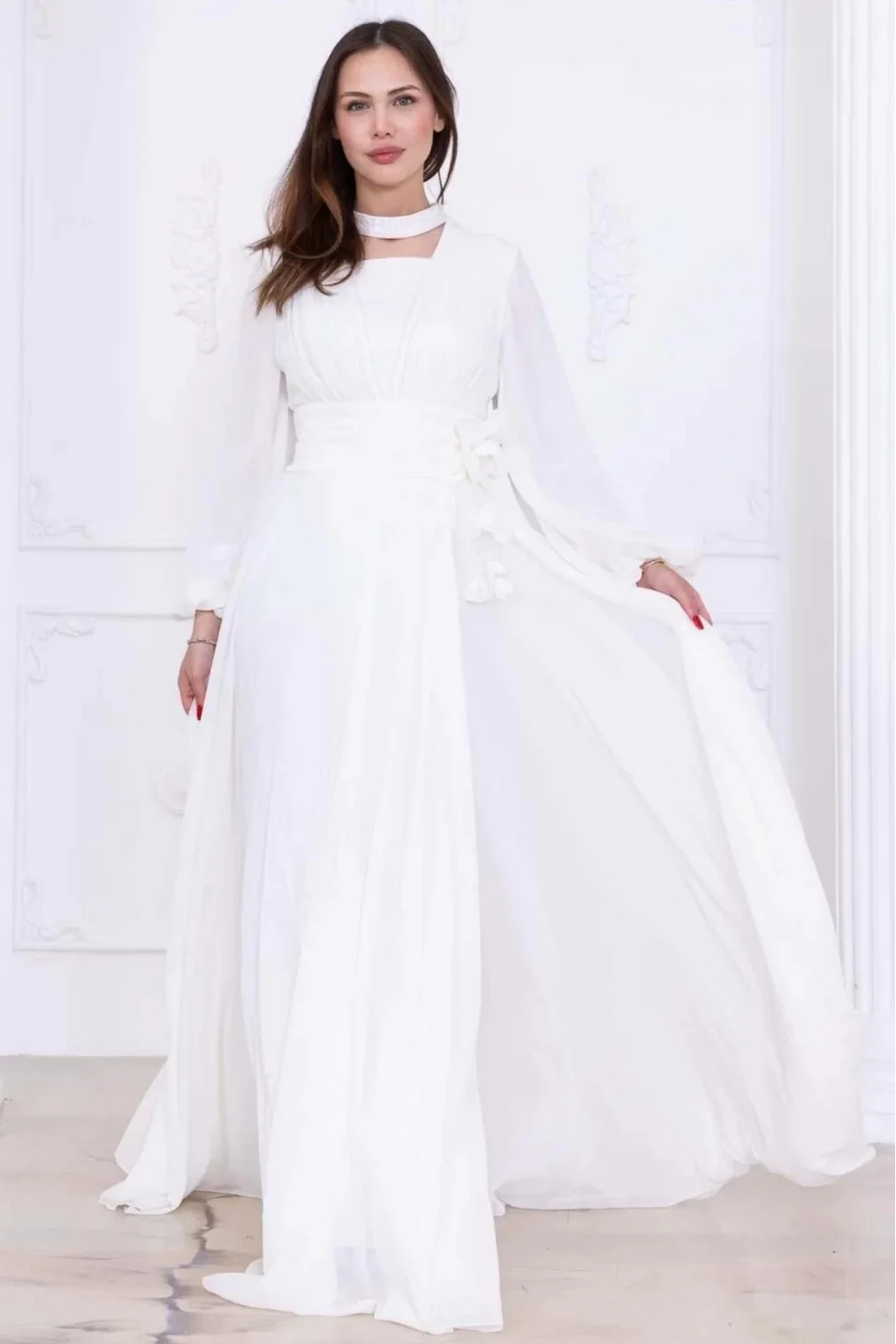 Yaka ve Çiçek Detaylı Abiye Elbise 2740-Beyaz