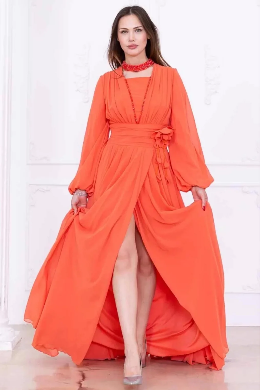 Yaka ve Çiçek Detaylı Abiye Elbise 2740-Oranj