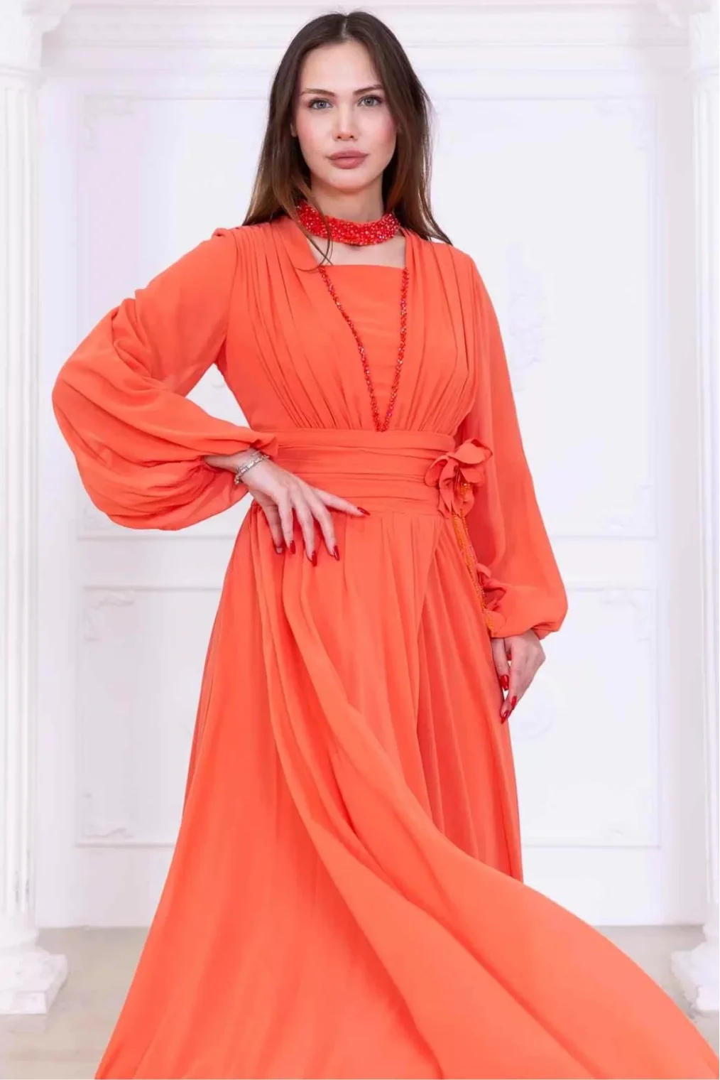 Yaka ve Çiçek Detaylı Abiye Elbise 2740-Oranj