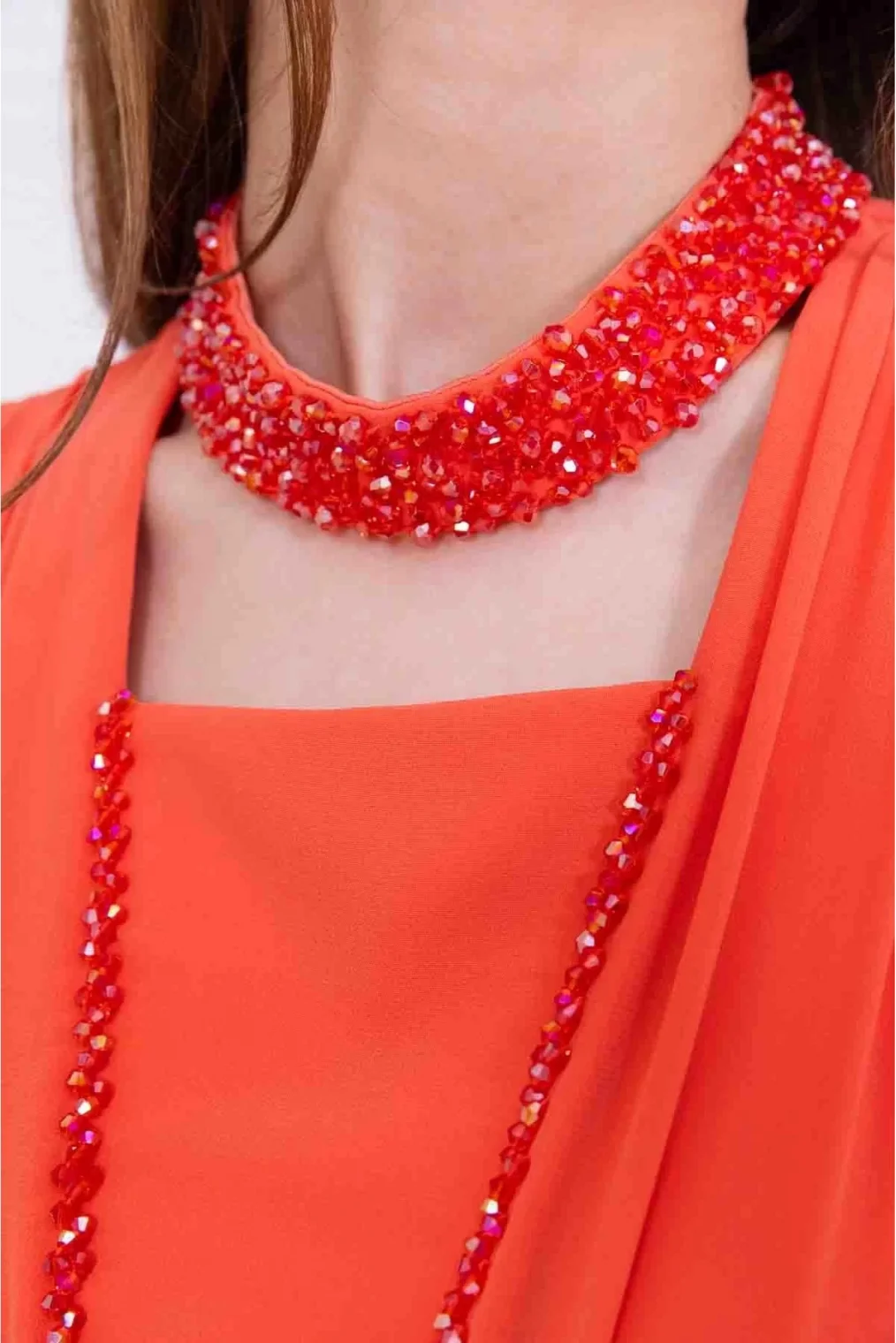 Yaka ve Çiçek Detaylı Abiye Elbise 2740-Oranj