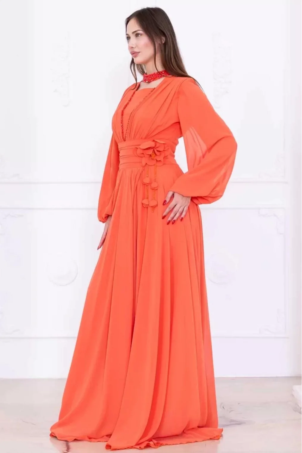 Yaka ve Çiçek Detaylı Abiye Elbise 2740-Oranj