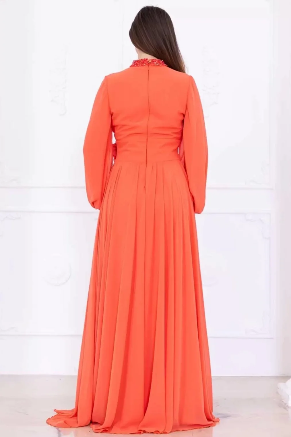 Yaka ve Çiçek Detaylı Abiye Elbise 2740-Oranj