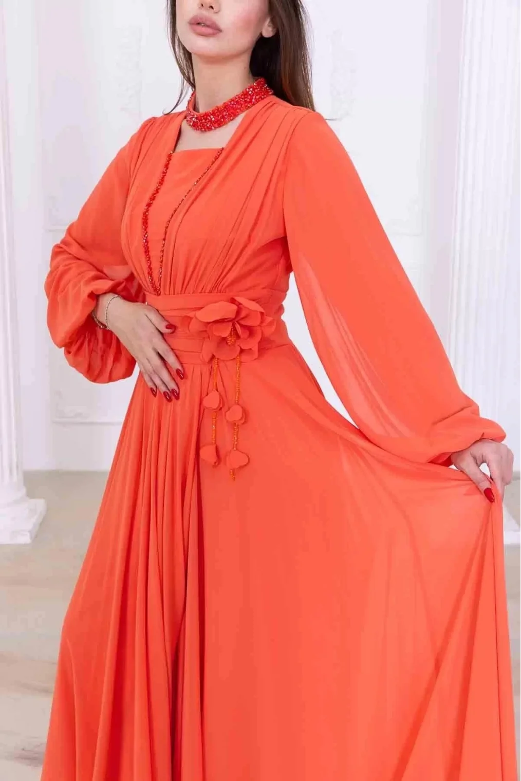 Yaka ve Çiçek Detaylı Abiye Elbise 2740-Oranj