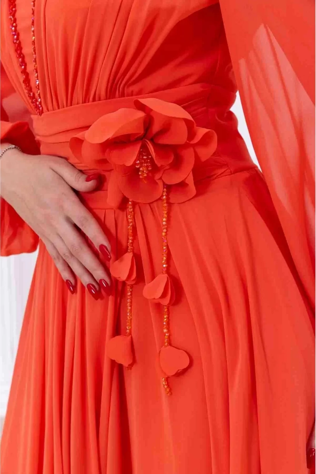 Yaka ve Çiçek Detaylı Abiye Elbise 2740-Oranj