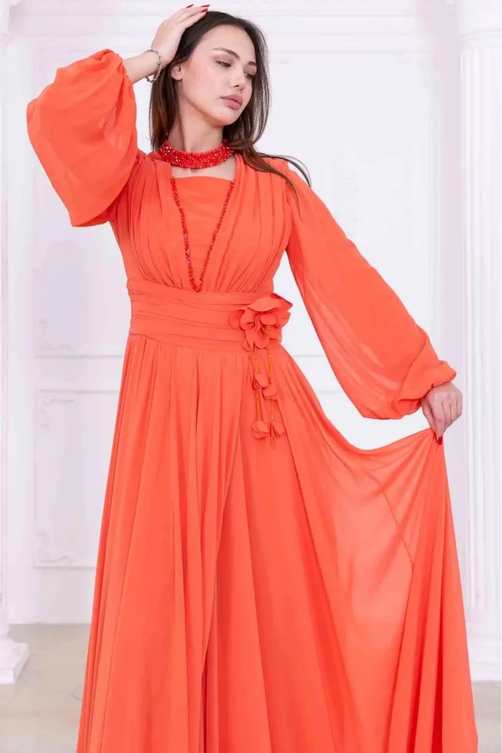 Yaka ve Çiçek Detaylı Abiye Elbise 2740-Oranj