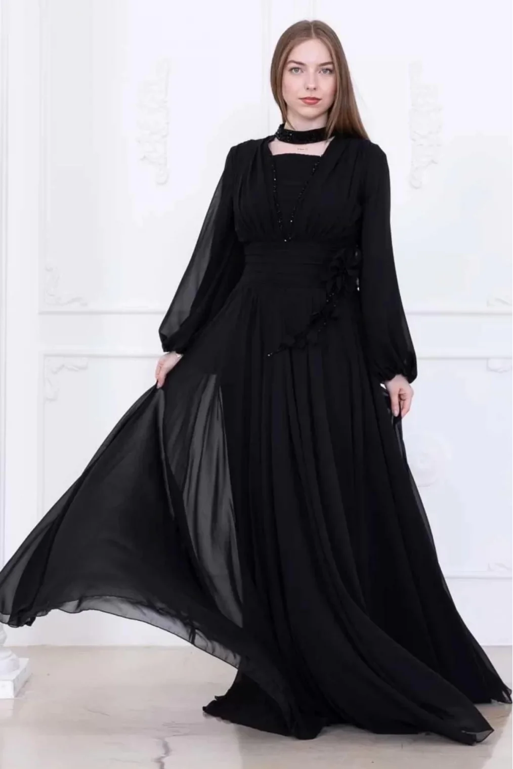 Yaka ve Çiçek Detaylı Abiye Elbise 2740-Siyah