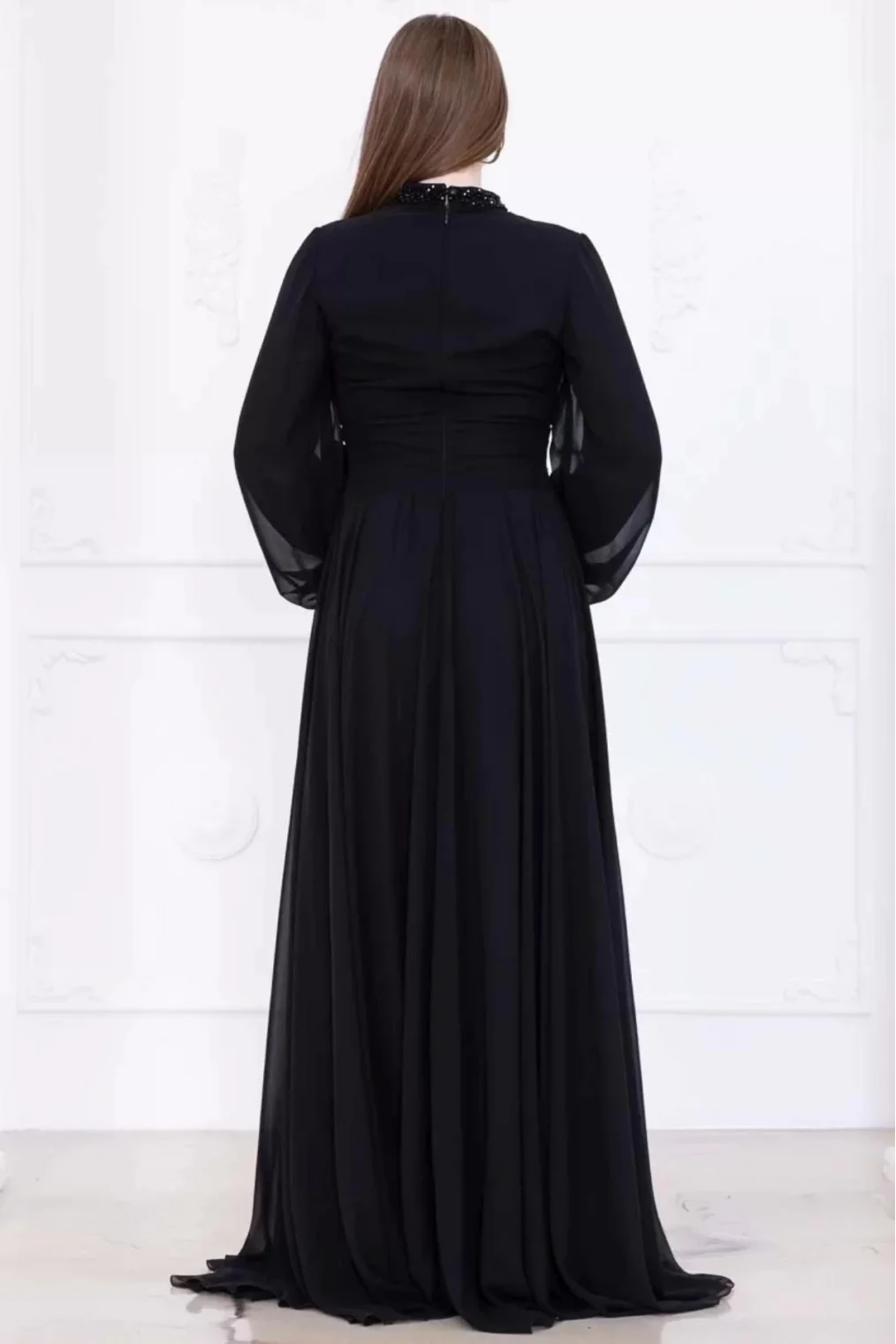 Yaka ve Çiçek Detaylı Abiye Elbise 2740-Siyah