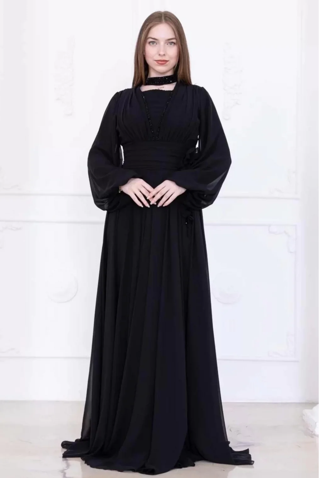 Yaka ve Çiçek Detaylı Abiye Elbise 2740-Siyah