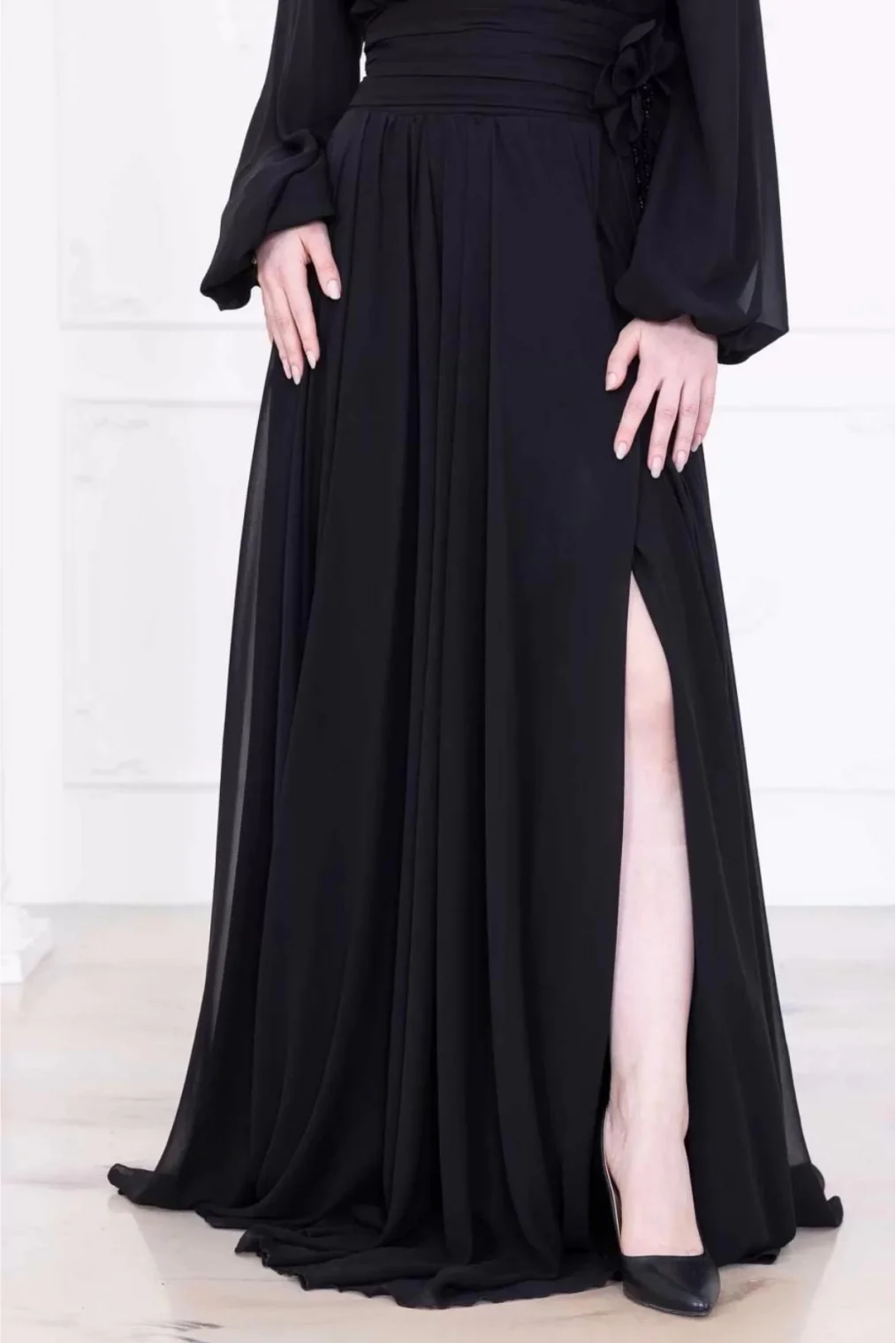 Yaka ve Çiçek Detaylı Abiye Elbise 2740-Siyah