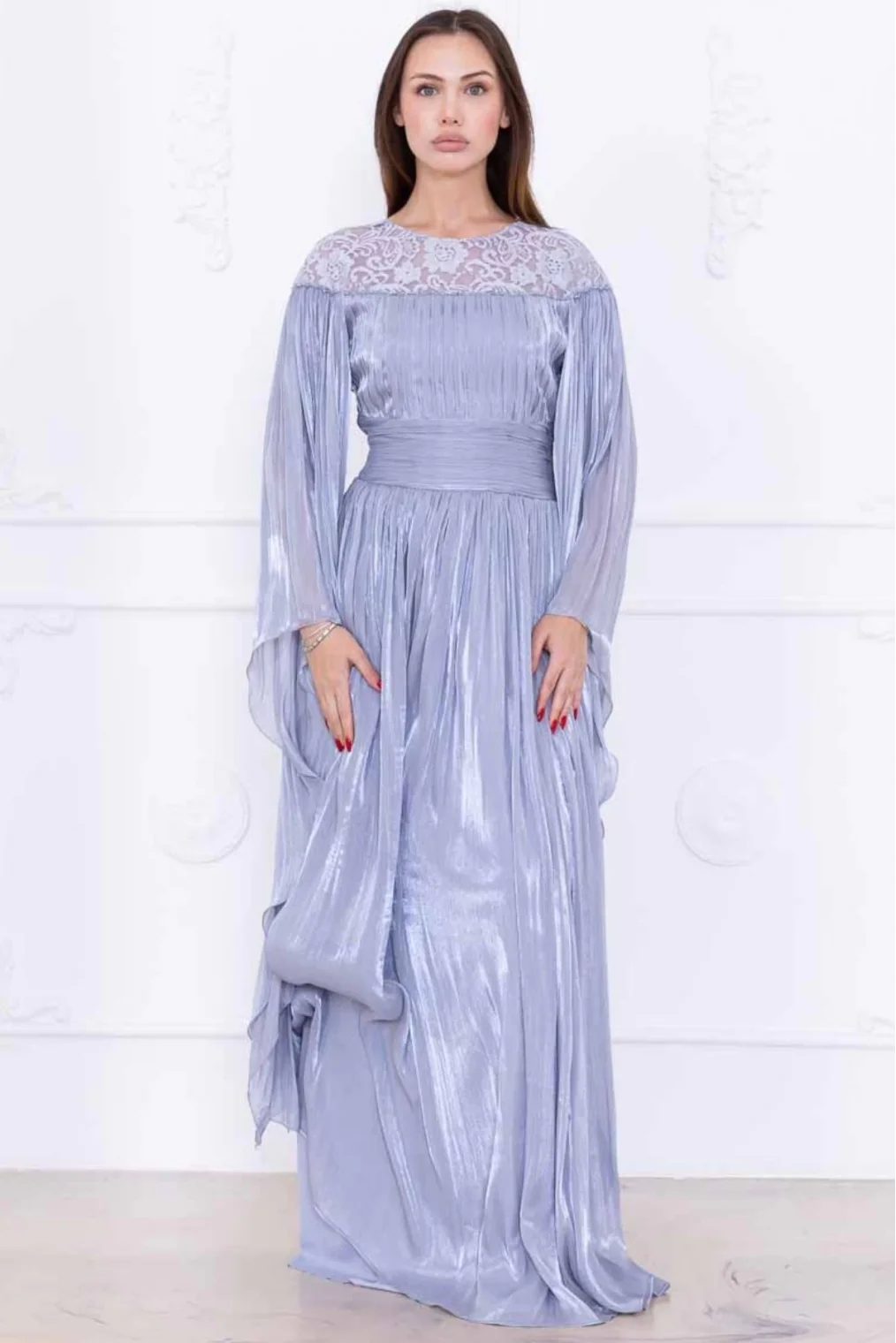 Dantel ve Pelerin Detaylı İşlemeli Abiye Elbise 2762-Gri