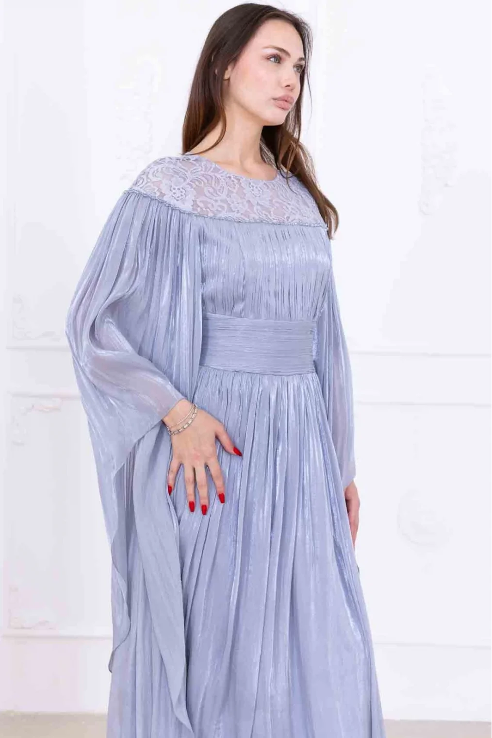 Dantel ve Pelerin Detaylı İşlemeli Abiye Elbise 2762-Gri