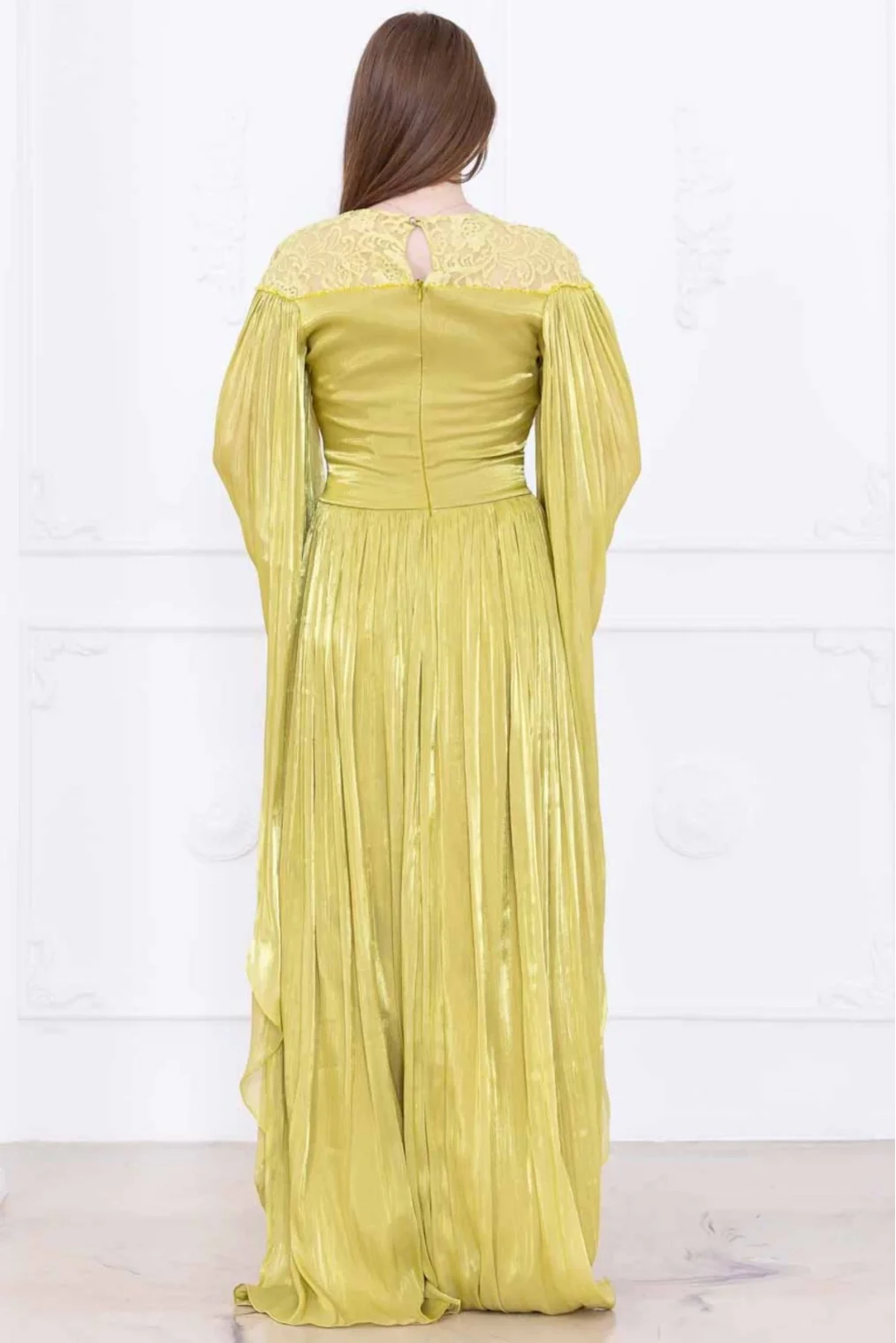 Dantel ve Pelerin Detaylı İşlemeli Abiye Elbise 2762-Olive