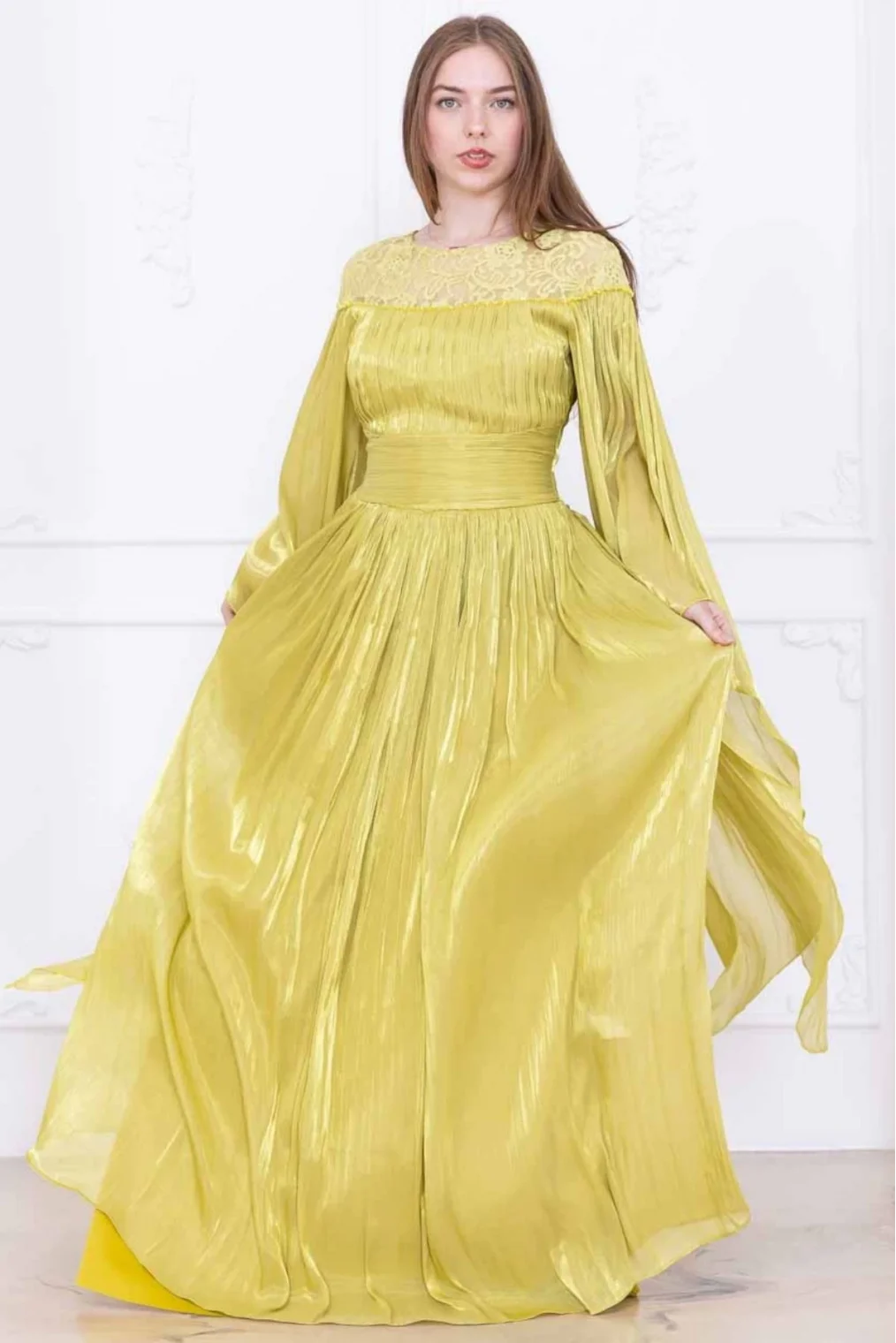 Dantel ve Pelerin Detaylı İşlemeli Abiye Elbise 2762-Olive