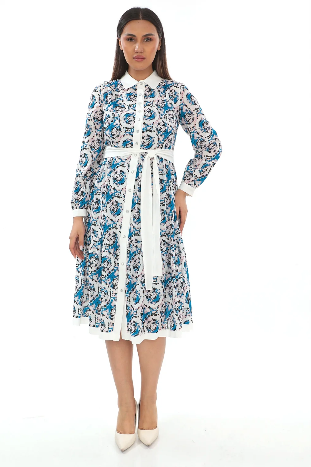 Bağlama Detaylı Gömlek Yaka Büyük Beden Elbise 2214-Mavi