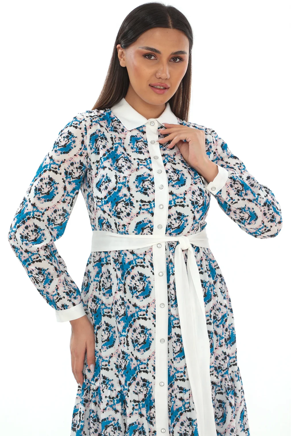 Bağlama Detaylı Gömlek Yaka Büyük Beden Elbise 2214-Mavi