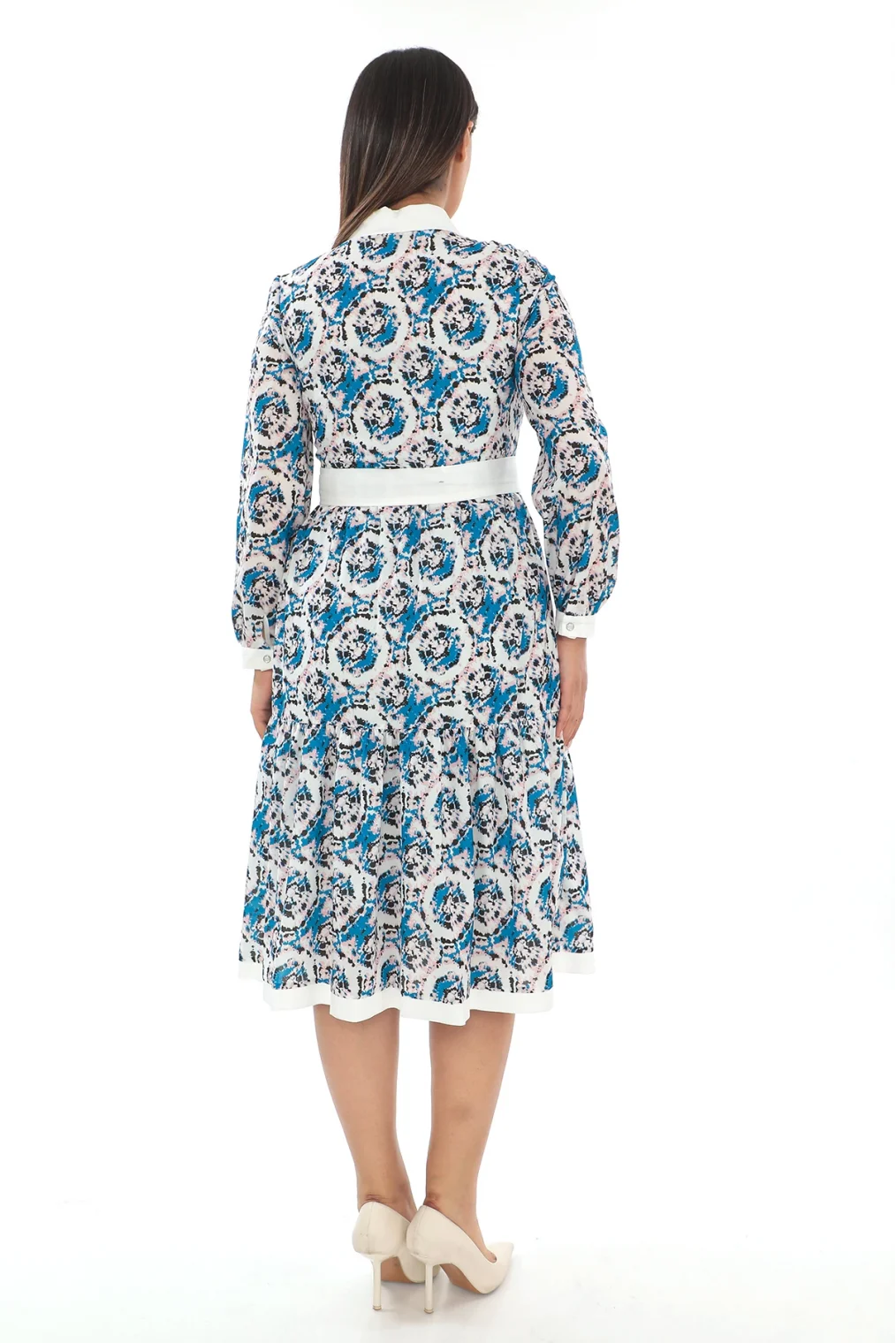 Bağlama Detaylı Gömlek Yaka Büyük Beden Elbise 2214-Mavi