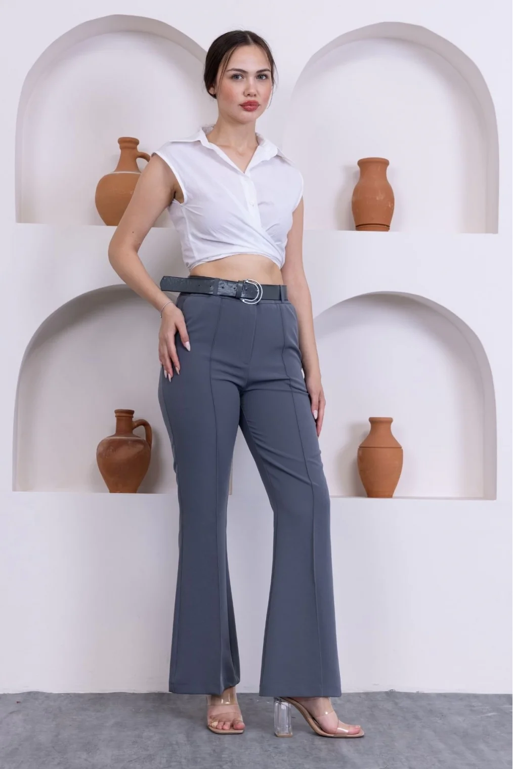 Kemerli İspanyol Paça KadınKumaş Pantolon 314-Gri