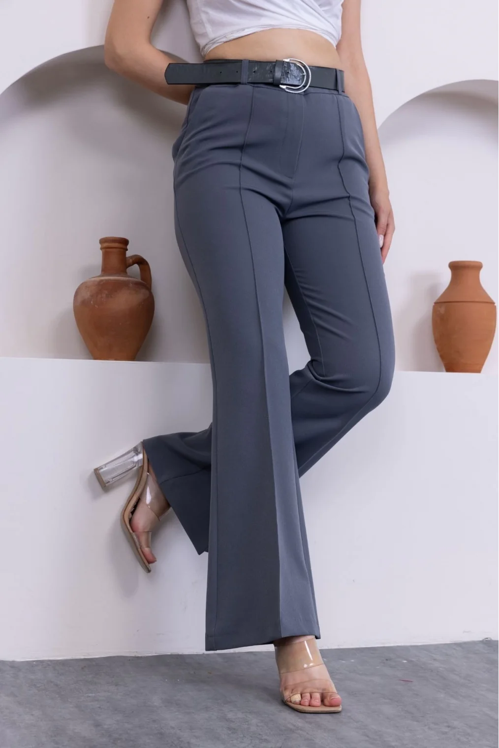 Kemerli İspanyol Paça KadınKumaş Pantolon 314-Gri