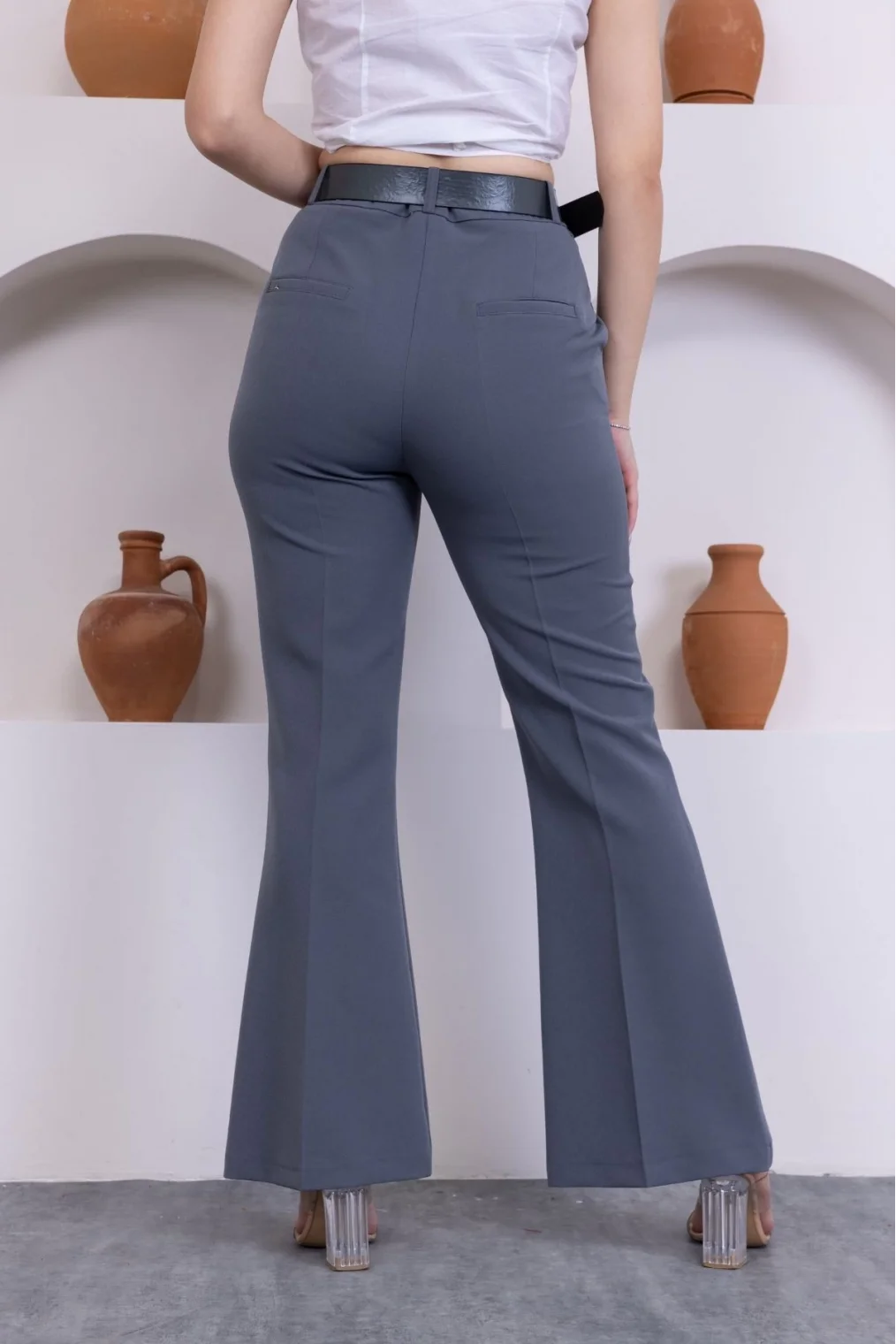 Kemerli İspanyol Paça KadınKumaş Pantolon 314-Gri