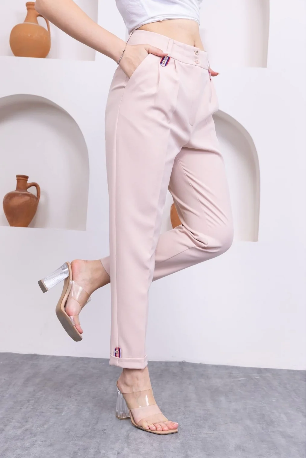 Pile Detaylı Duble Paça Kadın Kumaş Pantolon 324-Bej