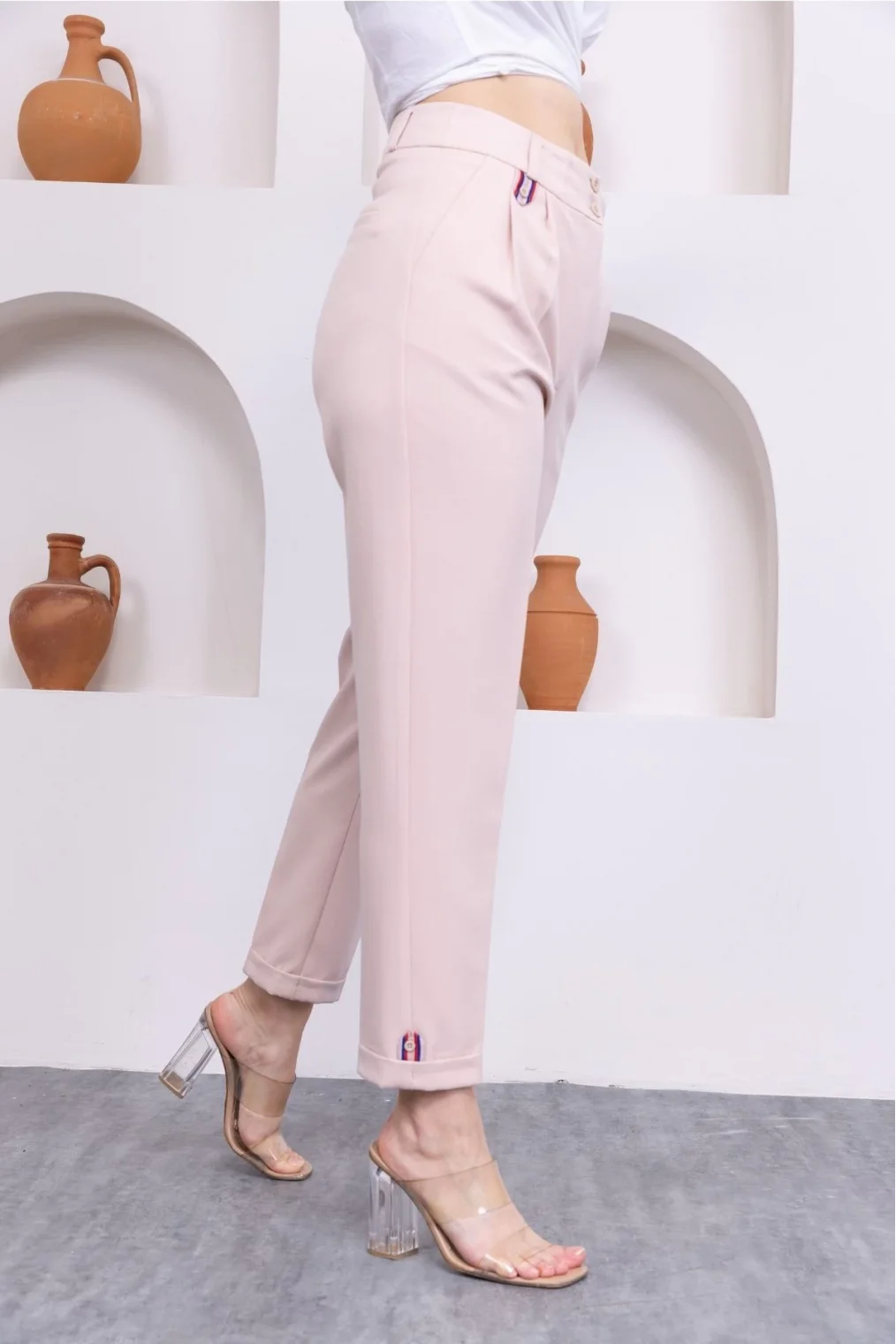 Pile Detaylı Duble Paça Kadın Kumaş Pantolon 324-Bej