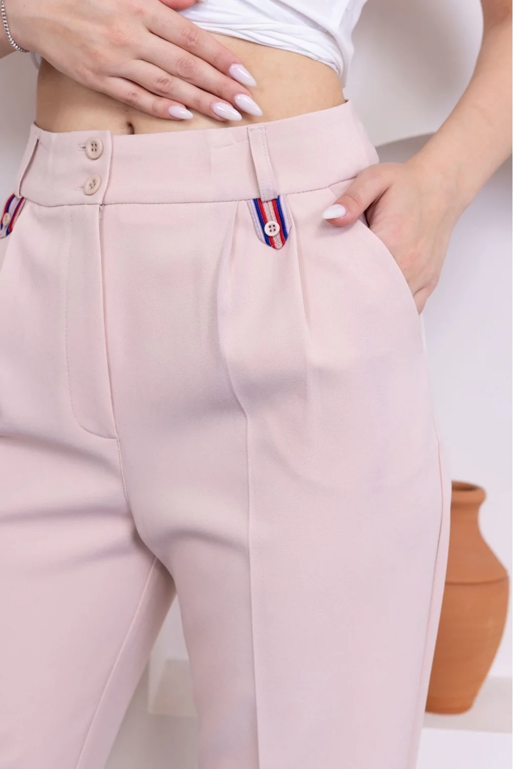 Pile Detaylı Duble Paça Kadın Kumaş Pantolon 324-Bej