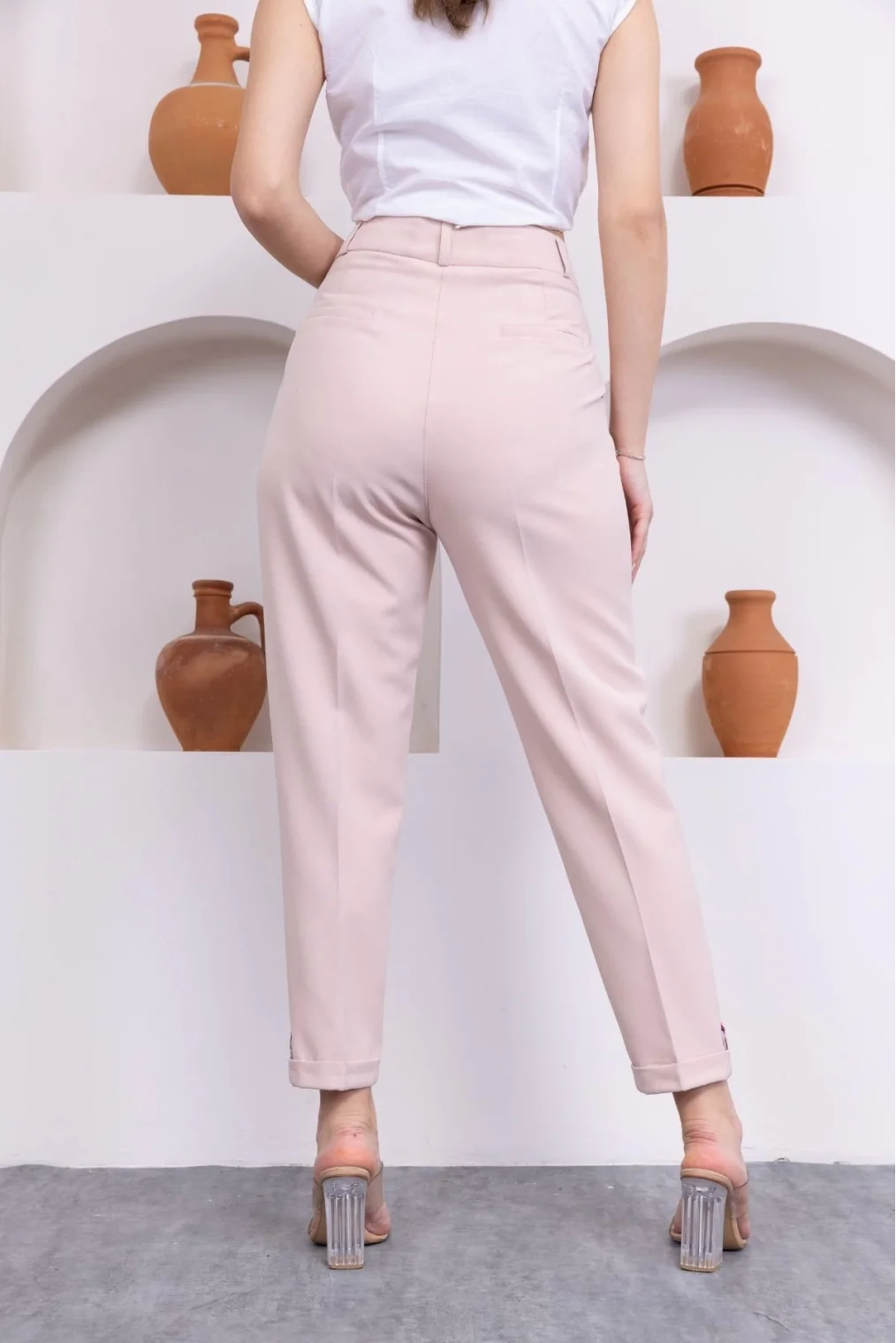 Pile Detaylı Duble Paça Kadın Kumaş Pantolon 324-Bej