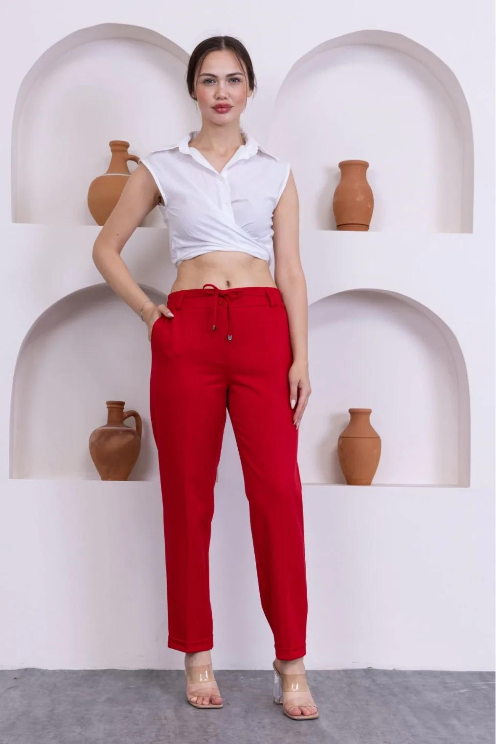 Bağlama Detaylı Beli Lastikli Kadın Kumaş Pantolon 326-Kırmızı