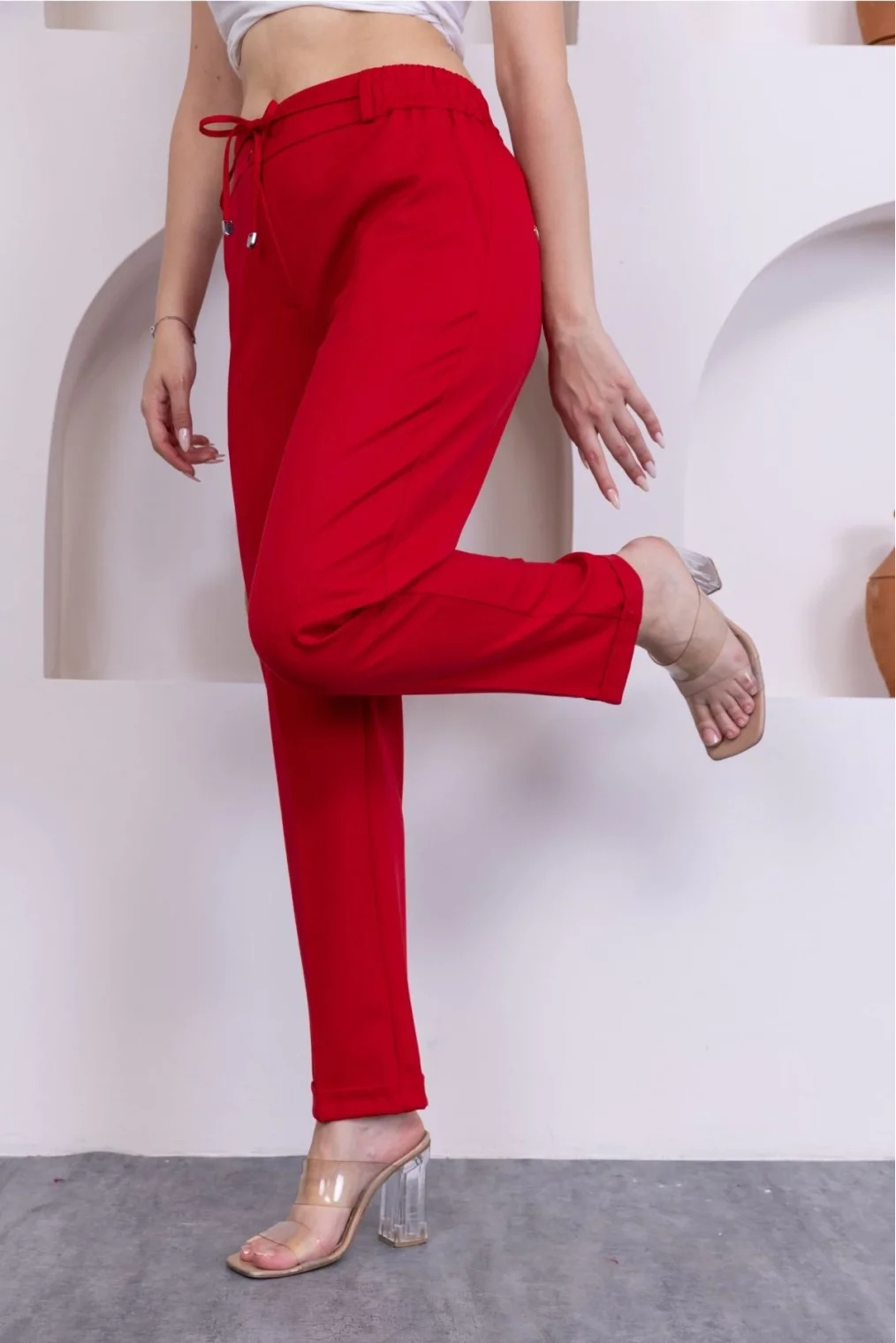 Bağlama Detaylı Beli Lastikli Kadın Kumaş Pantolon 326-Kırmızı
