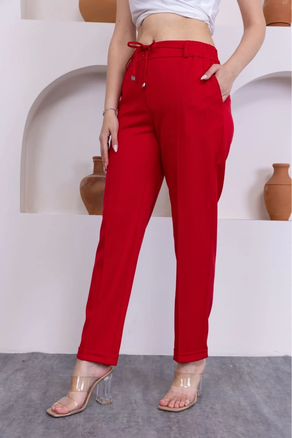 Bağlama Detaylı Beli Lastikli Kadın Kumaş Pantolon 326-Kırmızı