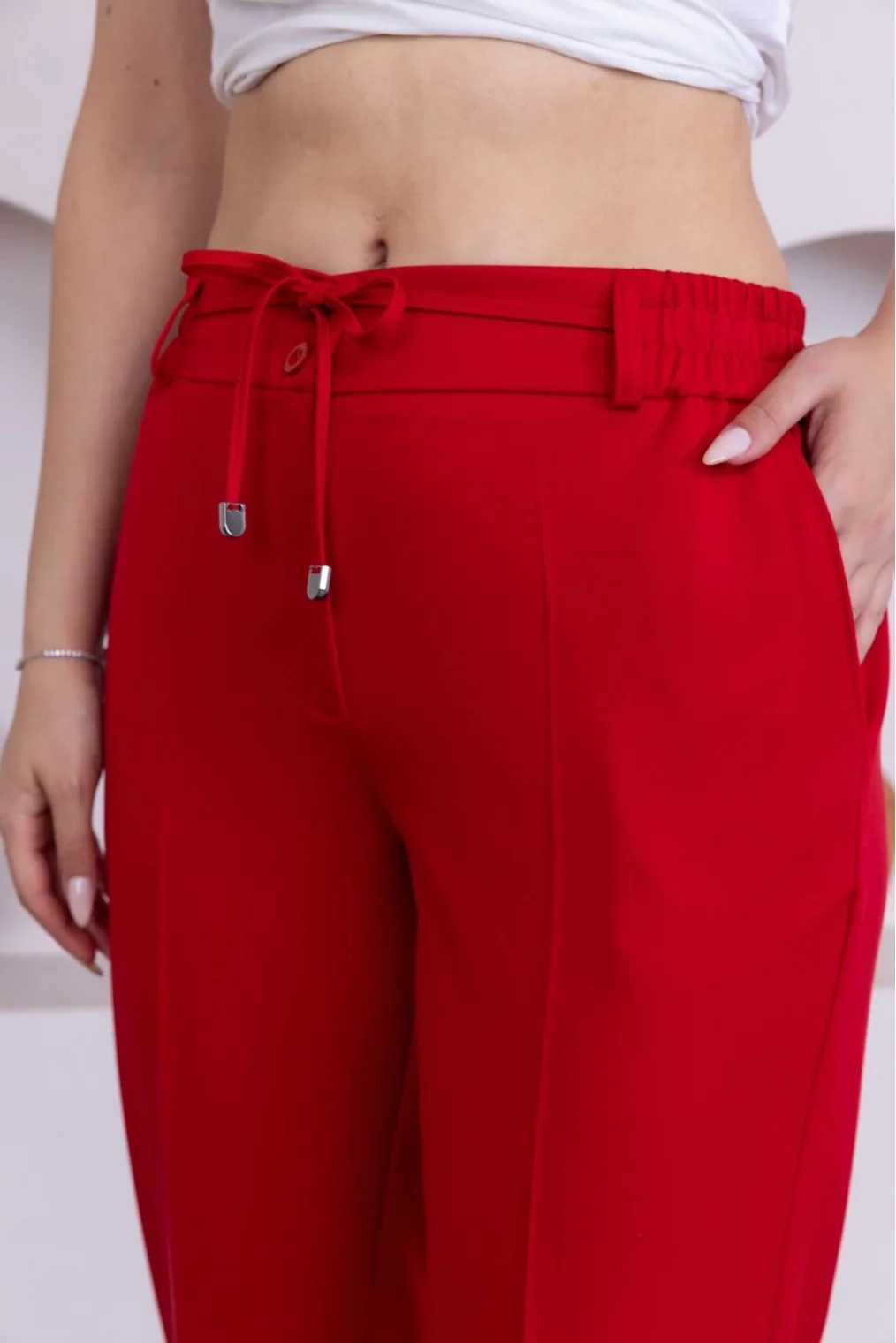 Bağlama Detaylı Beli Lastikli Kadın Kumaş Pantolon 326-Kırmızı