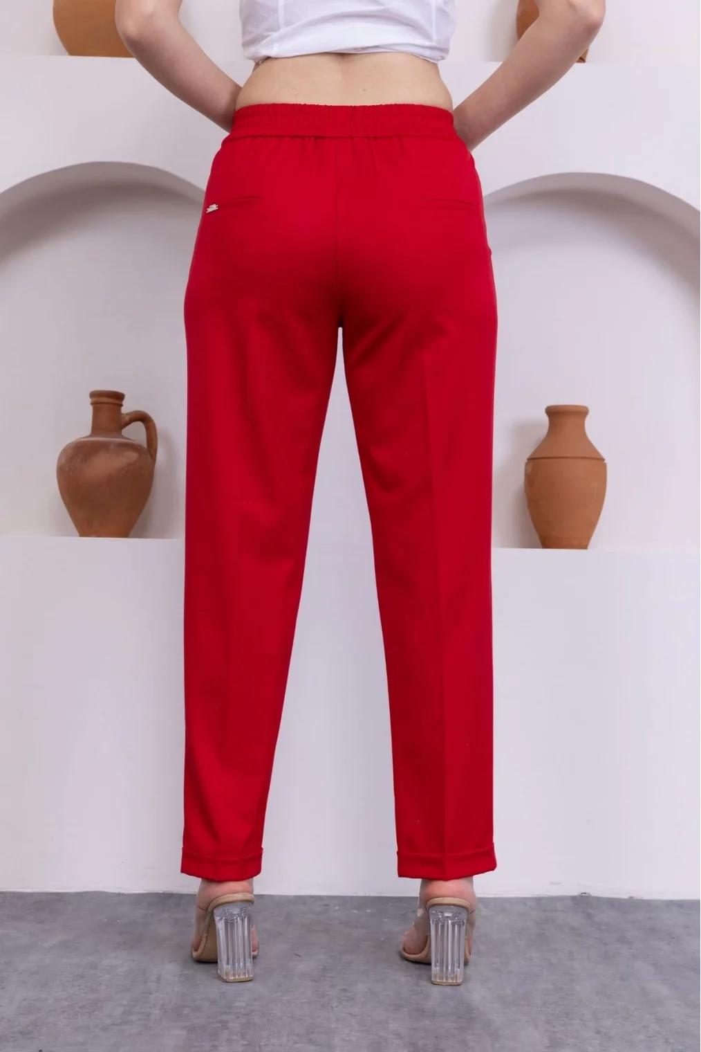 Bağlama Detaylı Beli Lastikli Kadın Kumaş Pantolon 326-Kırmızı