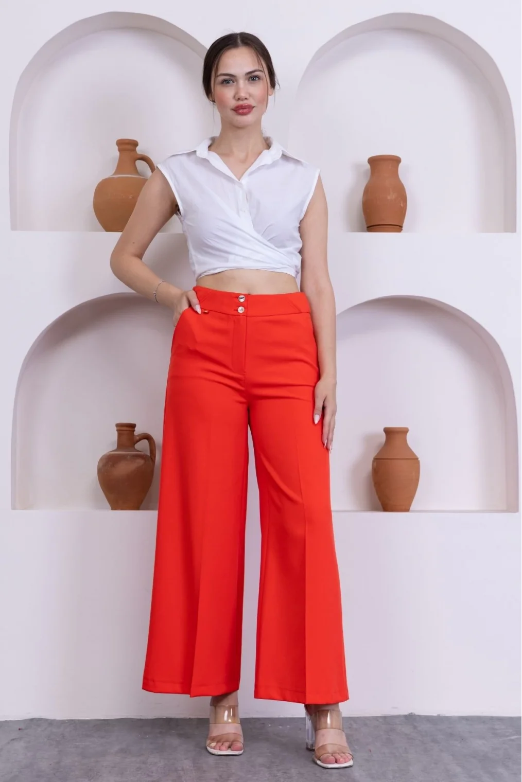 Cep Detaylı Palazzo Pantolon 327-Mercan