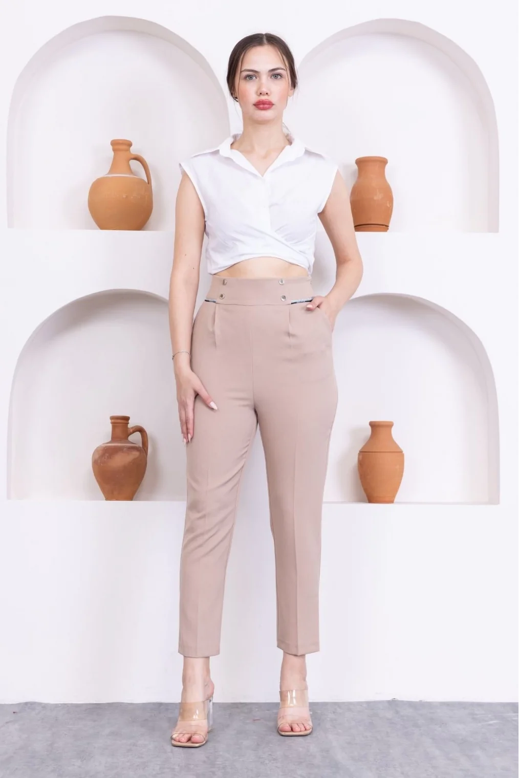 Cep Detaylı Yüksek Bel Kadın Pantolon 329-Açık Vizon