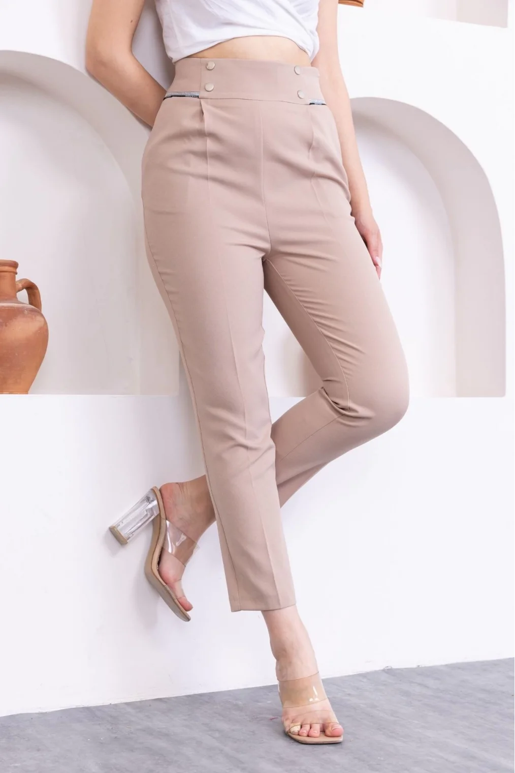 Cep Detaylı Yüksek Bel Kadın Pantolon 329-Açık Vizon