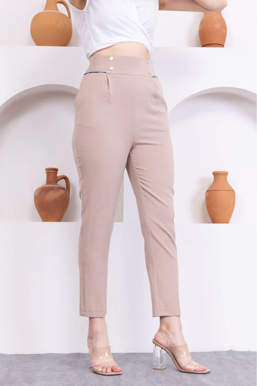 Cep Detaylı Yüksek Bel Kadın Pantolon 329-Açık Vizon