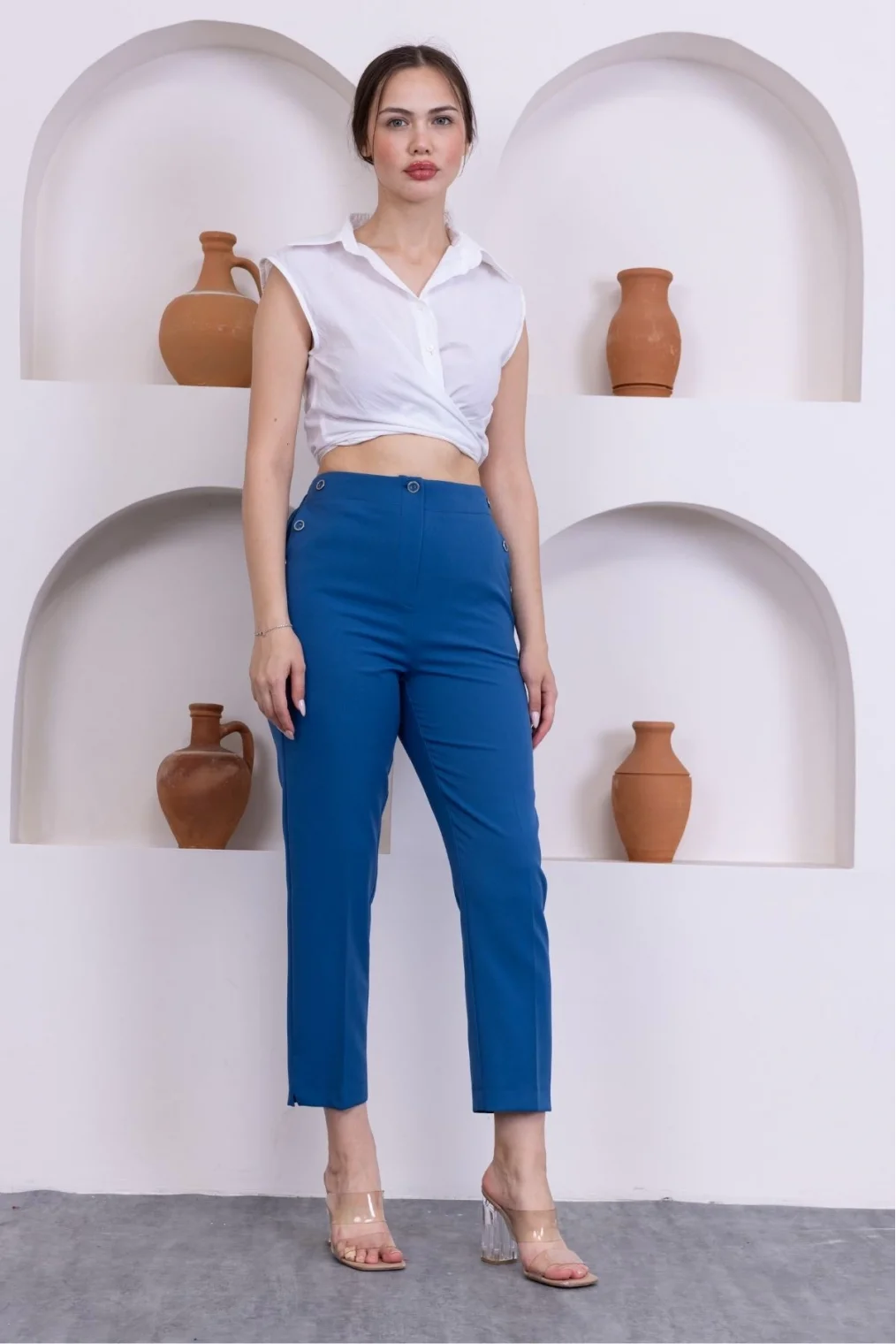 Düğme Detaylı Beli Lastikli Bilek Boy Pantolon 351-İndigo