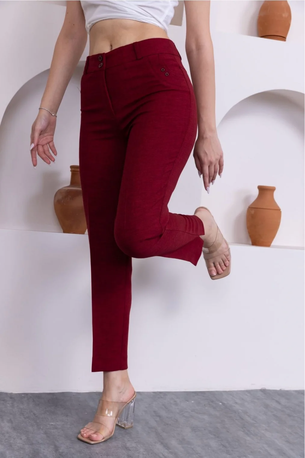 Cep Detaylı Bilek Boy Kadın Kumaş Pantolon 359-Bordo