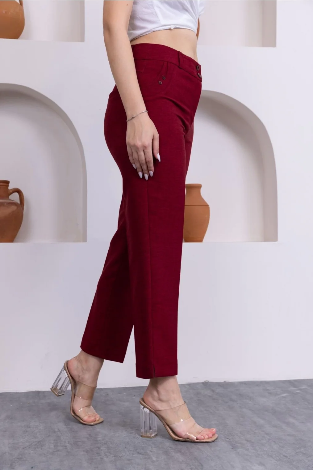 Cep Detaylı Bilek Boy Kadın Kumaş Pantolon 359-Bordo
