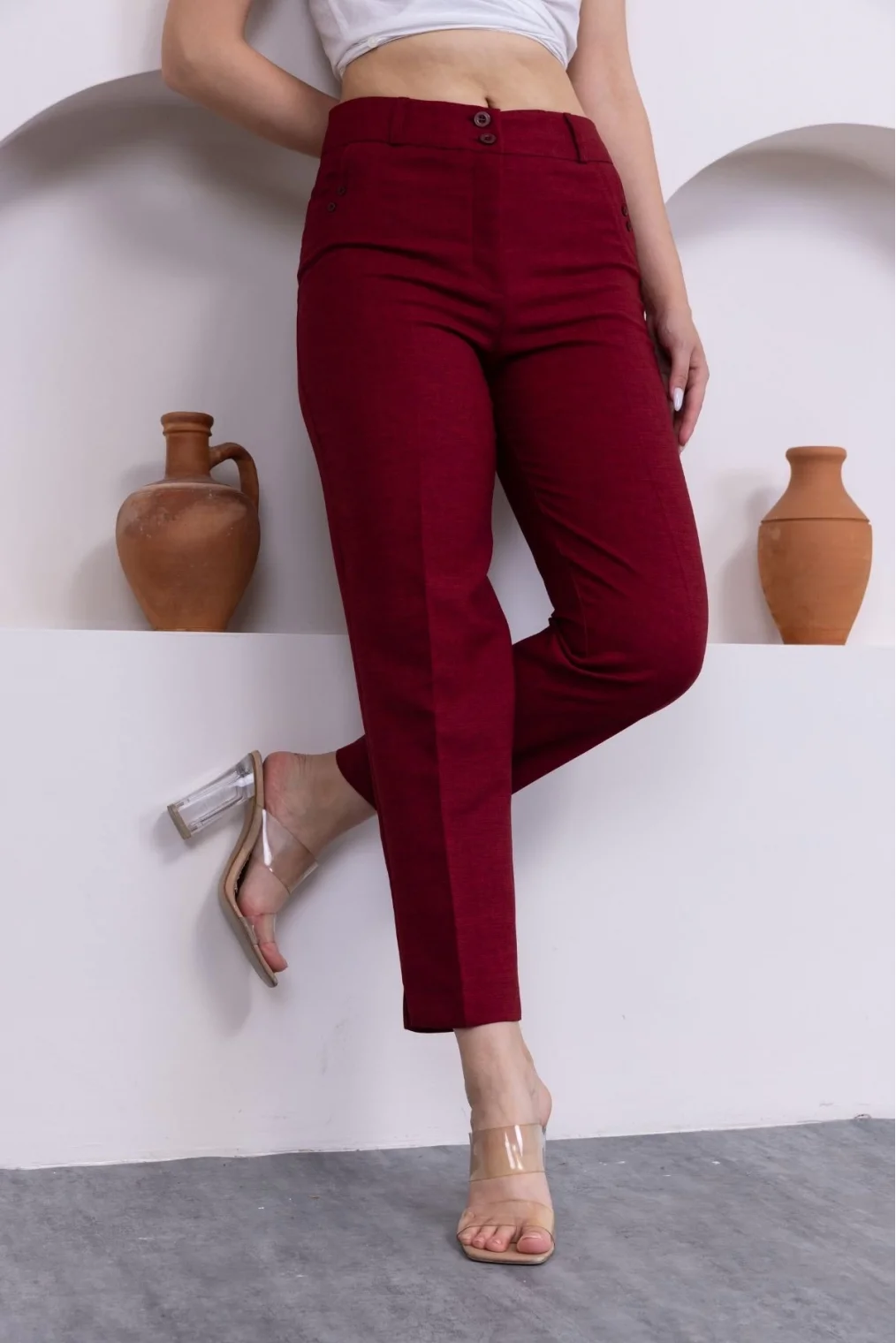 Cep Detaylı Bilek Boy Kadın Kumaş Pantolon 359-Bordo