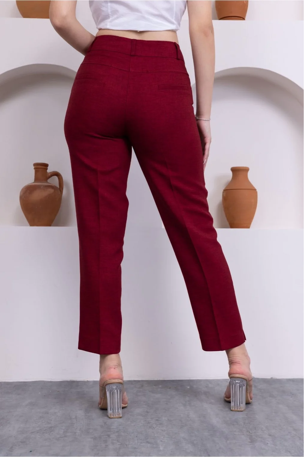 Cep Detaylı Bilek Boy Kadın Kumaş Pantolon 359-Bordo