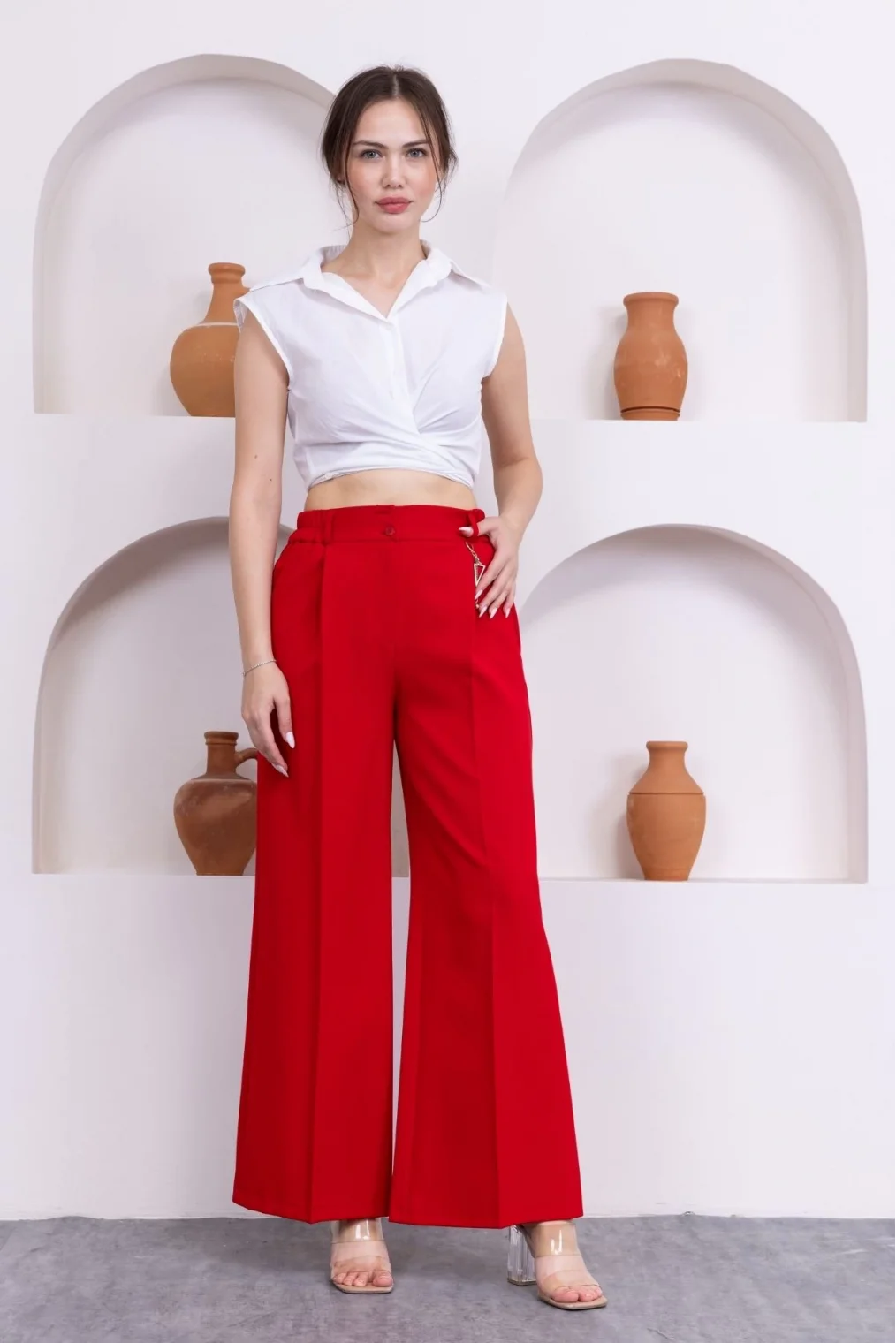 Aksesuar Detaylı Beli Lastikli Palazzo Pantolon 516-Kırmızı