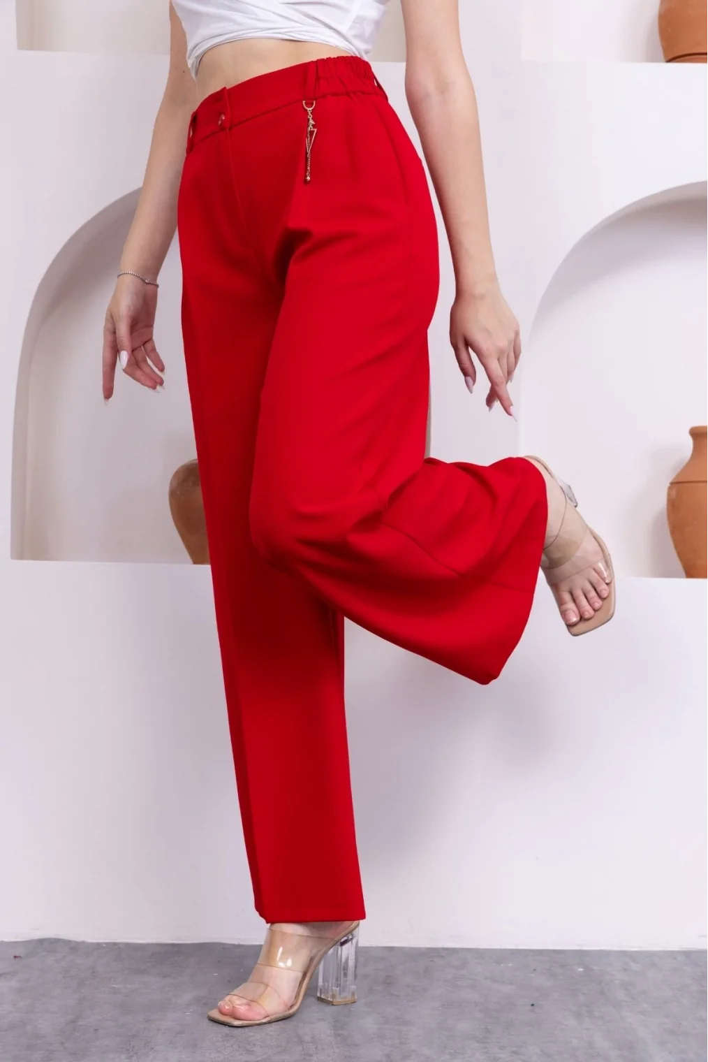 Aksesuar Detaylı Beli Lastikli Palazzo Pantolon 516-Kırmızı