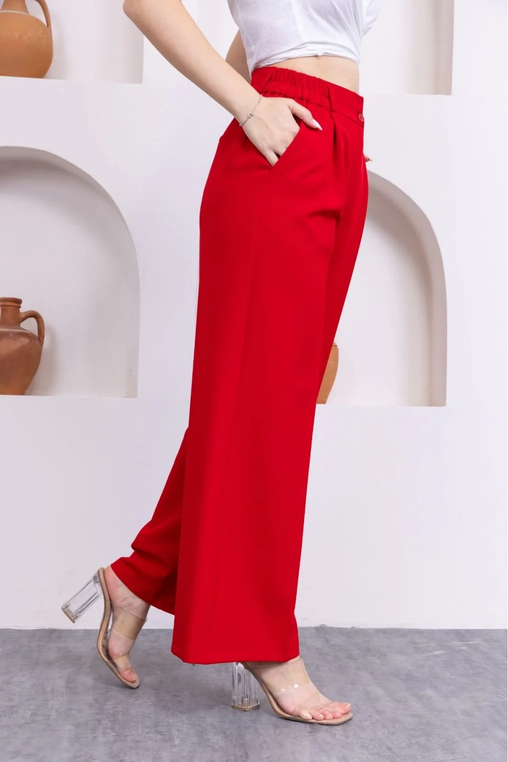 Aksesuar Detaylı Beli Lastikli Palazzo Pantolon 516-Kırmızı